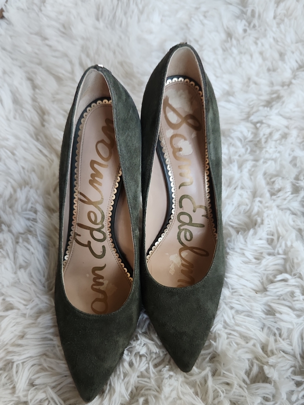 Sam Edelman Dark Olive Suede Pointed Toe Pumps